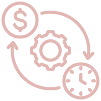 Icona che rappresenta l'efficienza di Kriya Studio: ingranaggio che collega un simbolo di denaro e un orologio, a indicare un processo ottimizzato che risparmia tempo e denaro.